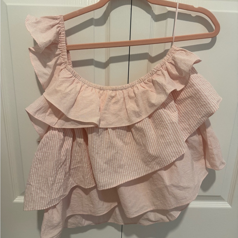 Pink Lily Pink Striped Ruffle Crop Top